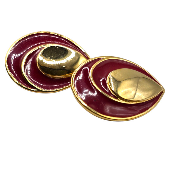 Vintage Monet Clip-On Earrings Gold Tone Red Enamel Teardrop Swirl Statement - Picture 5 of 6